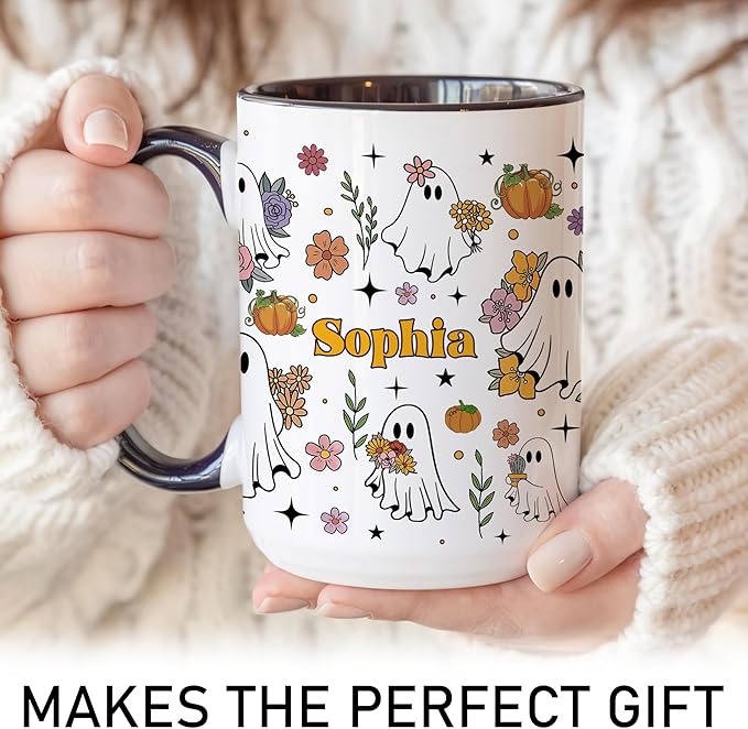 Personalized Halloween Ghost Mug Cute Floral Spooky Cup Halloween-Birthday Gift For Girls From Friends-Coworkers Name Printed Adorable Ghosts With Flowers Ceramic Coffee Mug