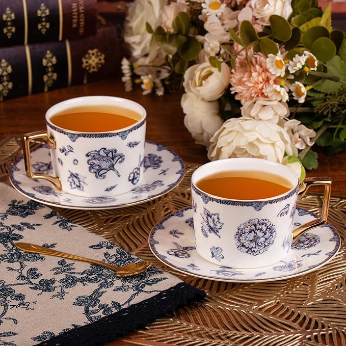 KAMMAK Tea Cups and Saucers Set of 2, Fine Bone China Coffee Cups, 8.5-Ounce Stackable Espresso Mugs, Ceramic Demitasse for Coffee, Cappuccino, Latte, Americano, Tea, English Navy