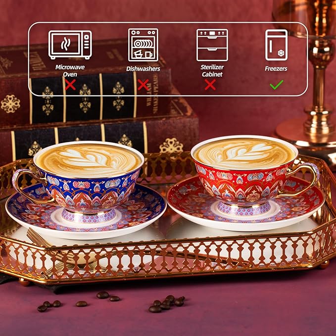 KAMMAK Tea Cups and Saucers Set of 2, Porcelain Coffee Cups with Saucer for Espresso, Cappuccino, 8oz Vintage Red and Blue Ceramic Demitasse Mug for Home, Tea Party, Office