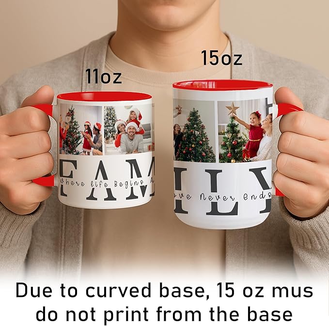 Personalized Funny Christmas Hot Cocoa Mug – Santa Gift, Unique White Elephant Exchange Present – Custom Family Photo Coffee Cup with Quote “Where Life Begins and Love Never Ends”