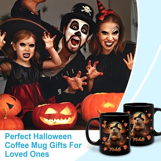 Hyturtle Personalized Halloween Capybara Mug - Capybara Gift For Women Lover - Wild Animal Lover Gift For Her - Spooky Season Decor For Fall Season Halloween - Coffee Name Cup Ceramic Mug 11 oz 15 oz
