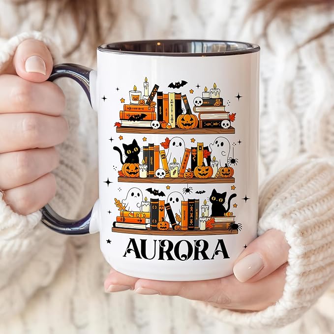 Personalized Halloween Book Lover Coffee Mug – Custom Cute Ghost and Black Cat Cup with Pumpkin Bookshelf Design – Fall Coffee Mug for Women, Spooky Bookish Gift for Readers
