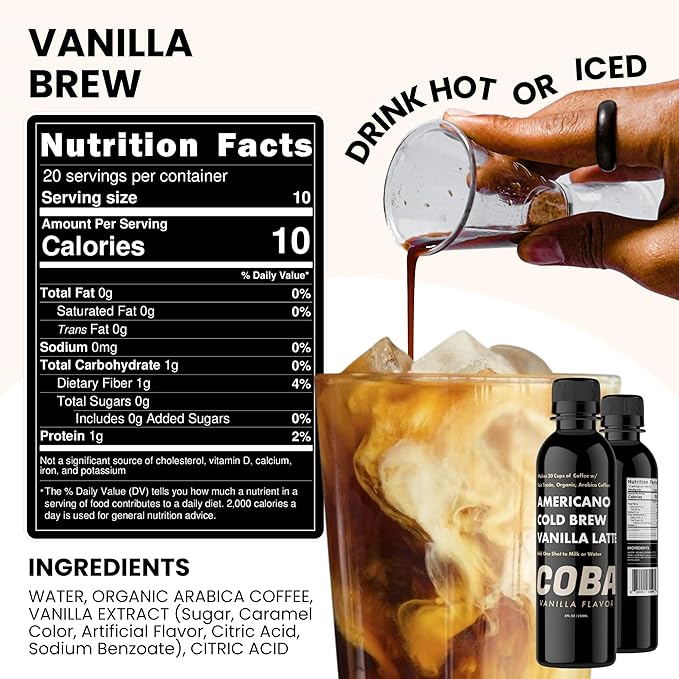COBA Premium Coffee Concentrate: Bold & Extra Strong Kick - 20x Cups | Instant Cold Brew/ Hot Coffee in Seconds | Specialty, Fair Trade, Organic, Medium Roast, Dairy Free | 2 TEASPOONS/Cup | Rich Flavor (8 Fl Oz (Pack of 1), Vanilla)
