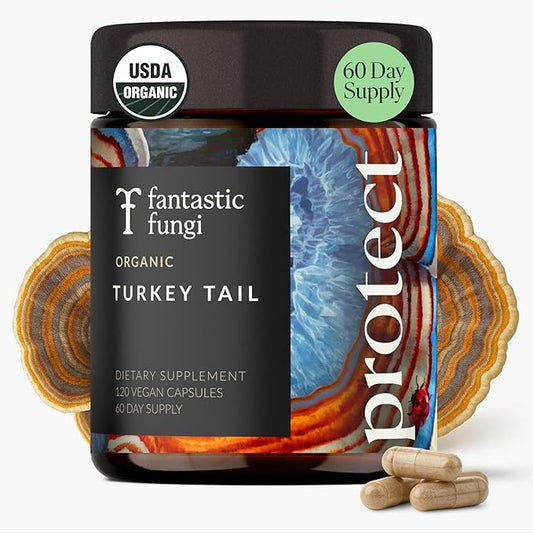 Organic Turkey Tail Mushroom Capsules - Mushroom Supplement for Gut Health & Immune Support, Functional Mushrooms, Adaptogen pills, Turkeytail extract - Vegan- Glass Jar, 120 Caps, 2 Month Supply