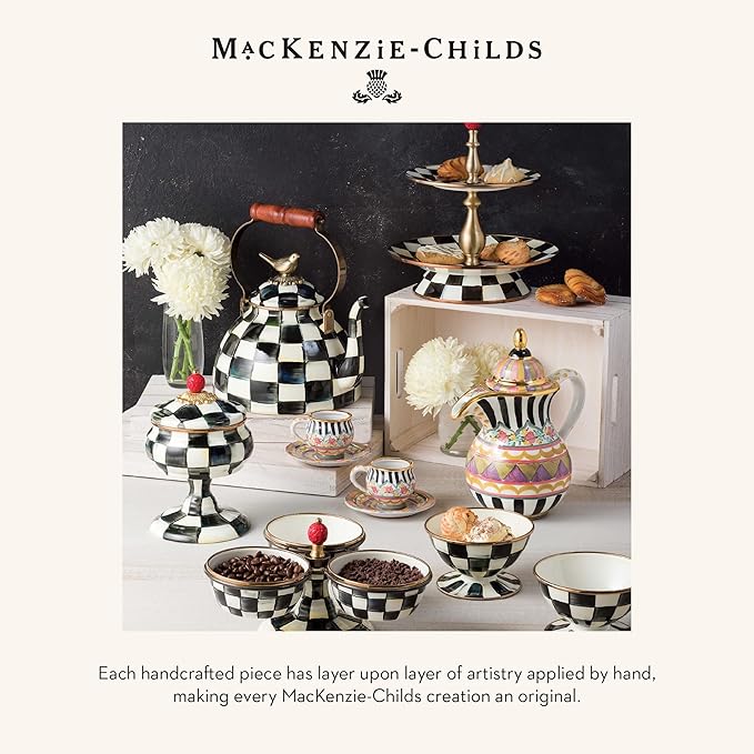 MACKENZIE-CHILDS Espresso Cup and Saucer Set, Cute Small Coffee Cups and Saucers, Set of 2, Black-and-White Courtly Check