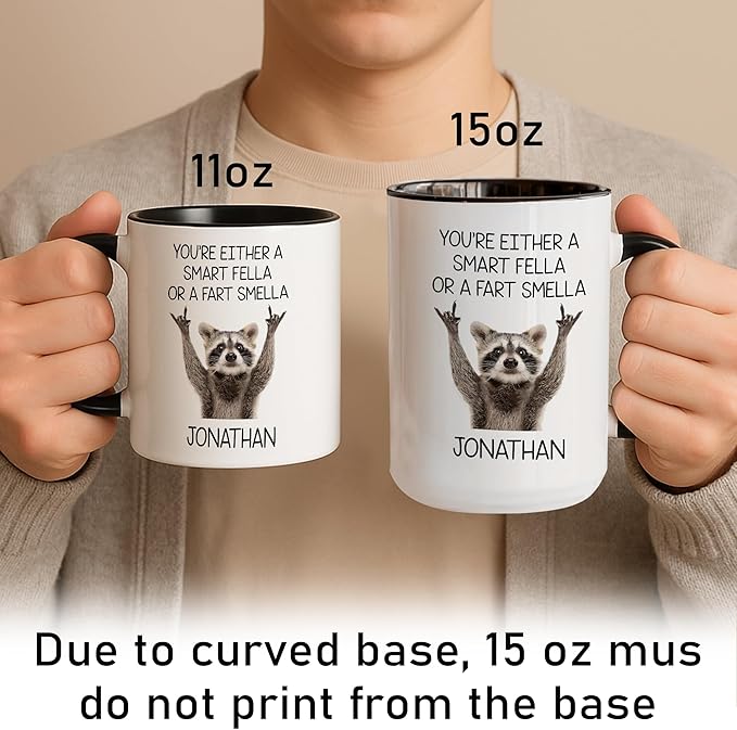 Personalized Funny Raccoon Coffee Mug – Custom Name Cup with Quote “You’re Either a Smart Fella or a Fart Smella” – Unique Gag Gift, White Elephant Christmas Cup