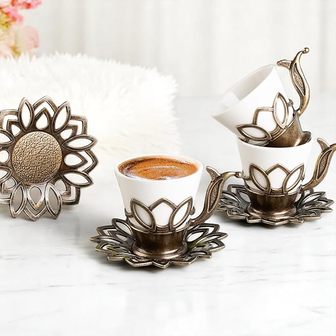 Alisveristime (Set of 6 Turkish Coffee Set with Porcelain Cups, Zamac Holders & Saucers – 80ml Capacity, Ottoman Motif, 4 Color Options (Antique Green)