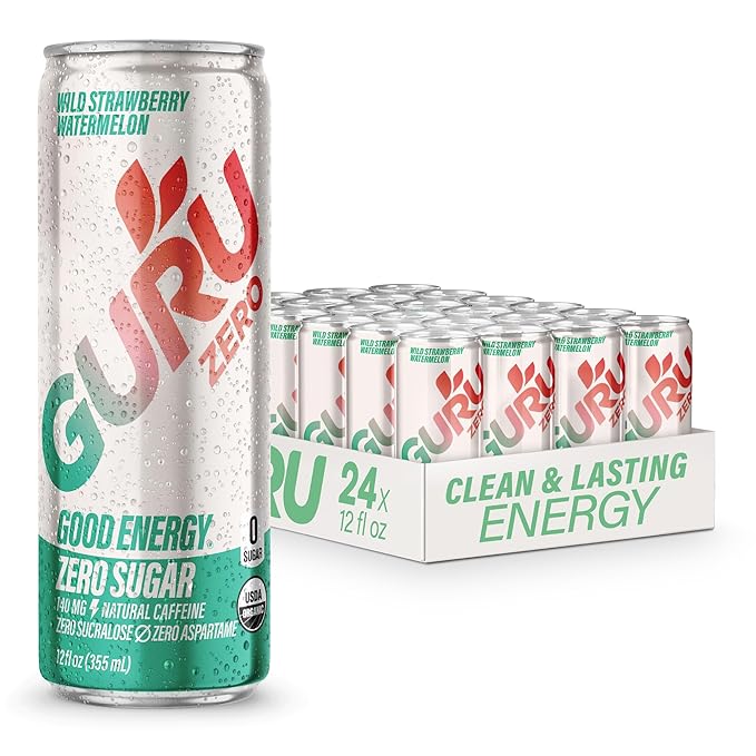 GURU ZERO SUGAR Wild Strawberry Watermelon Organic Energy Drinks, Clean Energy Drink with Plant Based Natural Caffeine from Green Tea, Coconut Water, Prebiotic, Zero Added sugars, Gluten Free and Vegan, Pre Workout, Healthy Drinks, 12oz (Pack of 24)