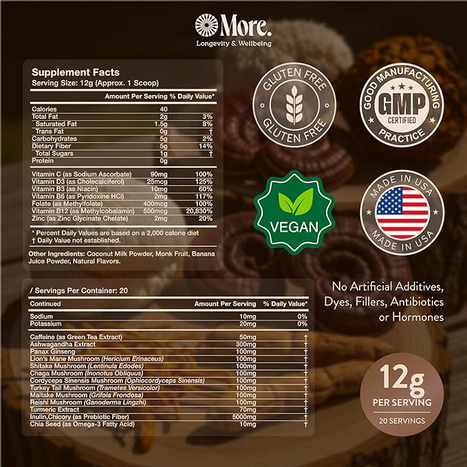 More. Longevity & Wellbeing Premium Mushroom Supplement Superfood with Natural Caffeine – 7 Functional Mushrooms with Lions Mane Supplement, Reishi, Chaga & Ashwagandha Extract , Instant Mushroom Supplement for Energy & Focus – Coconut Banana