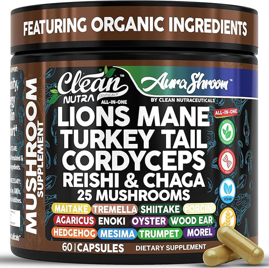 AuraShroom Mushroom Supplement Lions Mane Turkey Tail Cordyceps Reishi Shiitake Chaga Oyster Stress Relief Immune Support Nootropic Energy Portobello Mushrooms 60 Capsules by Clean Nutra