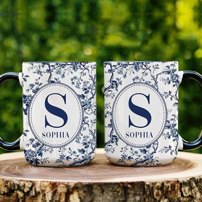 Personalized Best Friend Mug - Custom Photo and Name - Blue Floral Chinoiserie Design - Besties Birthday Gift - Gift for Besties - Custom Best Friend Coffee Cup