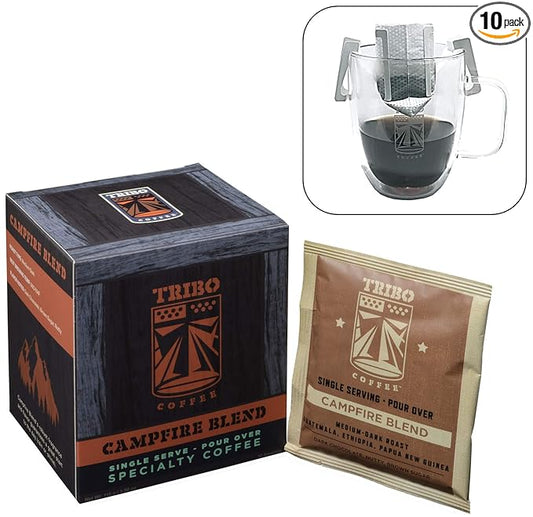 Tribo Coffee Single-Serve Portable Pour Over Drip Coffee - Campfire Blend - 10 Servings (Medium-Dark Roast)