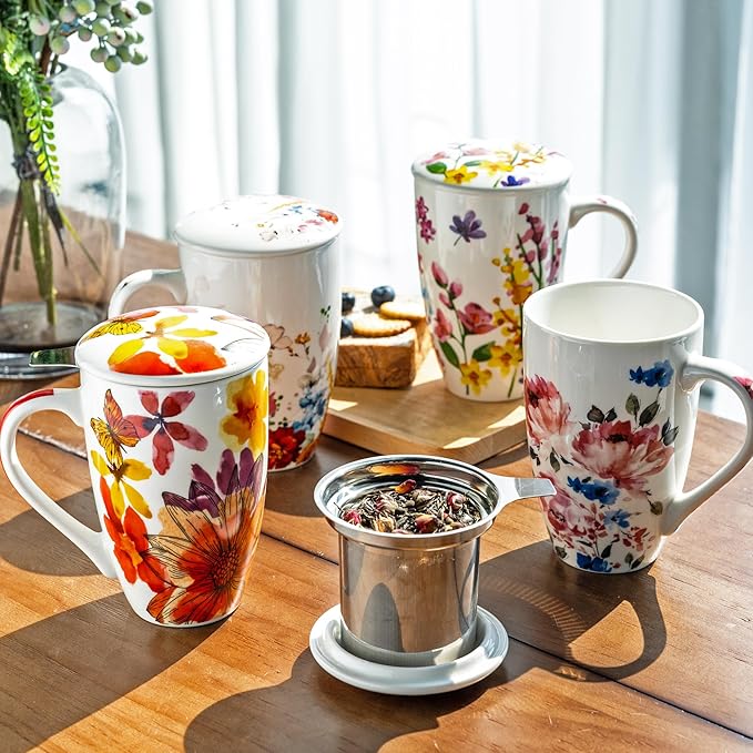 GBHOME Tea Mug with Infuser and Lid, 18 Ounce Large Ceramic Loose Leaf Tea Cup, Microwave, Dishwasher Safe Tea Steeping Mug, Pefect Gift For Tea Lover.