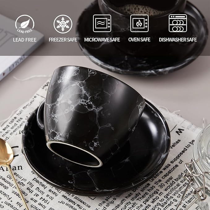 SIDUCAL Espresso Cups Set of 4,6 Ounce Ceramic Coffee Cups with Saucers,Porcelain Double Espresso Cup Set,Gift Box for Boyfriend Gift(Black)