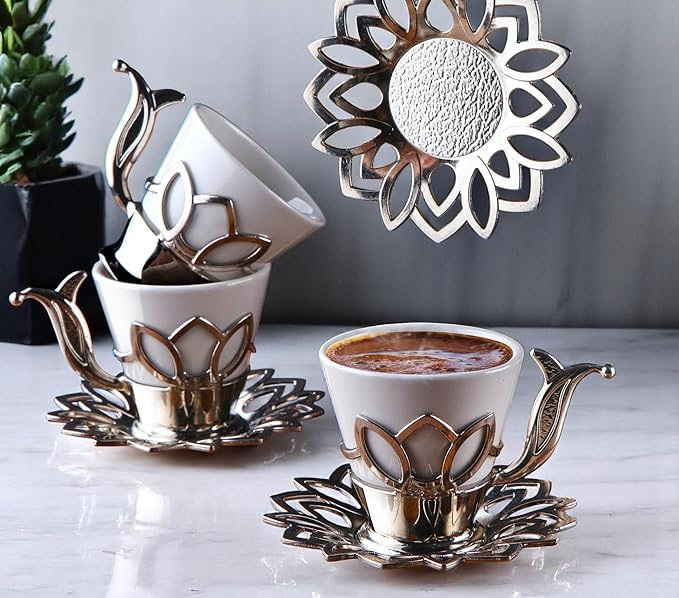 Alisveristime (Set of 6 Turkish Coffee Set with Porcelain Cups, Zamac Holders & Saucers – 80ml Capacity, Ottoman Motif, 4 Color Options (Silver)