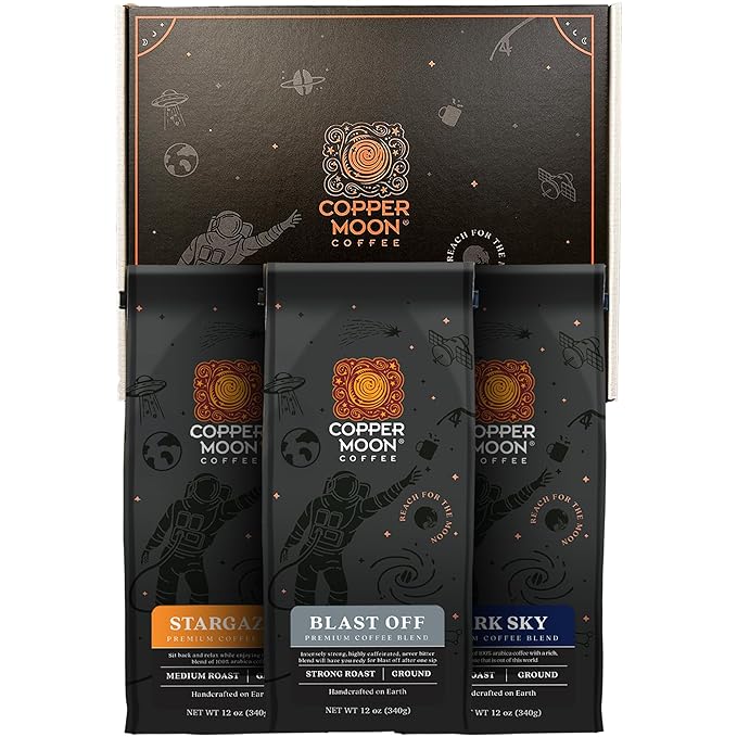 Copper Moon Coffee Gift Box, Ground Coffee Variety Pack, Medium Roast, Dark Roast and Strong Roast blends, 12 oz. bags.
