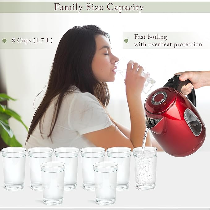 Mixpresso Stainless Steel Electric Kettle Red Color, Cordless Pot 1.7L Portable Electric Hot Water Kettle, 1500w Strong Fast Boiling Pot, Water Boiler, Electric Tea Kettle With Boil Dry Protection