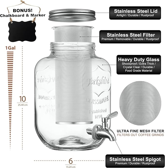 1 Gallon Cold Brew Coffee Maker - 3rd Generation Fine Mesh Filter - Stainless Steel Spigot - Extra Thick Large Glass Mason Jar Drink Dispenser Carafe, Iced Coffee Maker & Sun Tea Pitcher with Infuser.