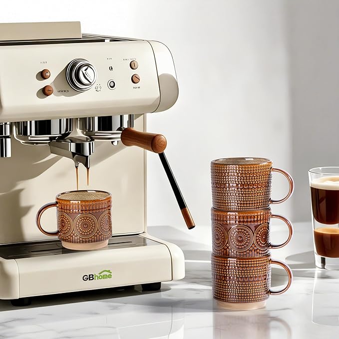 GBHOME 12OZ Stackable Coffee Mugs, Ceramic Coffee Mugs with Texture Patterns for Man,Woman,Dad,Mom, Modern Coffee Mugs Set of 4 for Latte/Cappuccino/Cocoa. Dishwasher&Microwave Safe