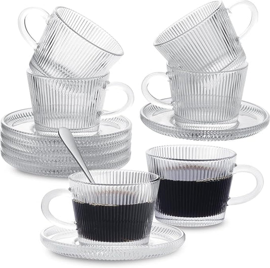 Glass Espresso Shot Cups with Saucers Set of 6, Clear Small Demitasse Cup with Stainless Steel Spoons, Dishwasher Safe Coffee Mugs for Tea Hot Chocolate Cappuccino, 5OZ/150ML, Stripe