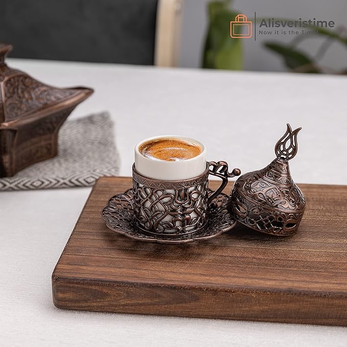 Alisveristime Turkish Coffee Set for Two - Authentic Ottoman Style Cups, Saucers, and Serving Tray with Lale Motifs (Acur) (Copper)