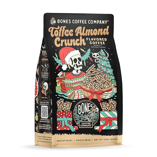 Bones Coffee Company Toffee Almond Crunch, Toffee Almond Flavored Coffee, Medium Roast Low Acid Arabica Beans Compatible with Auto drip and French Press Coffee Maker, 12 Oz Whole Bean