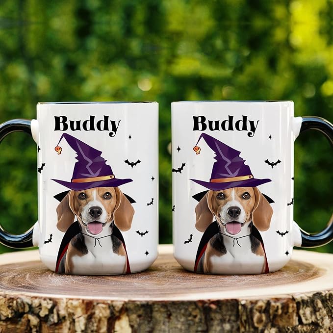 Personalized Halloween Dog Mug Custom Pet Photo Cup Halloween-Birthday-Christmas Gift For Dog Lovers From Pet Parents Add Name-Image Cute Witch Beagle Ceramic Coffee Mug