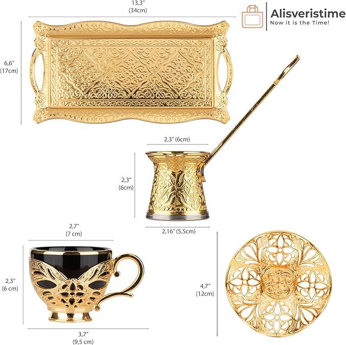 Alisveristime Turkish Coffee Set for Two, 2 Black Gilded Porcelain Cups with Zamac Holders and Saucers, Metal Tray, Lale Motif Zamac Coffee Pot (Black Gilded) (Gold)