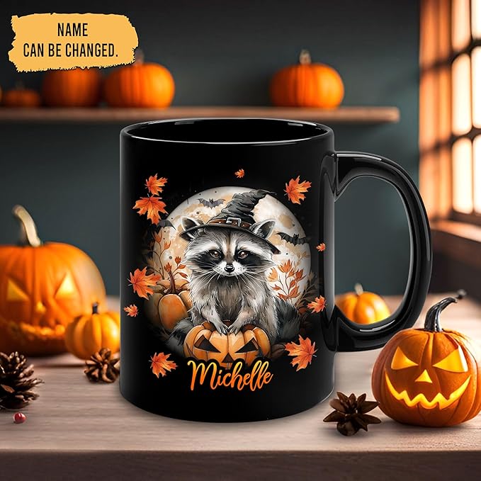 Hyturtle Personalized Halloween Raccoon Mug - Raccoon Gift For Women Lover - Wild Animal Lover Gift For Her - Spooky Season Decor For Fall Season Halloween - Coffee Name Cup Ceramic Mug 11 oz 15 oz