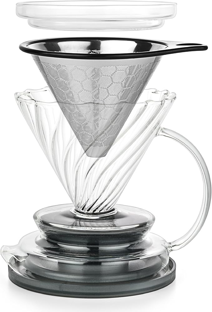 Pour Over Coffee Maker – Borosilicate Glass Dripper with Stainless Steel Reusable Filter, Manual Eco Brewer, Plastic-Free Non-Toxic Coffee Station, Innovation Infuser for Daily Brewing