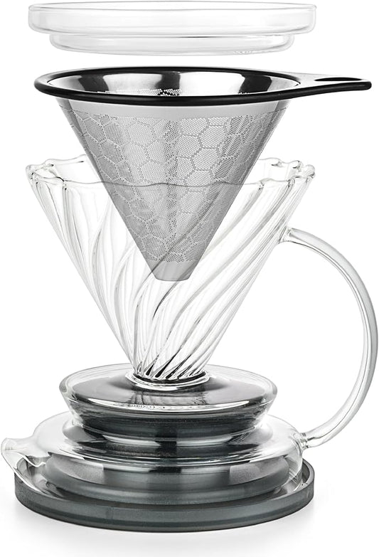 Pour Over Coffee Maker – Borosilicate Glass Dripper with Stainless Steel Reusable Filter, Manual Eco Brewer, Plastic-Free Non-Toxic Coffee Station, Innovation Infuser for Daily Brewing
