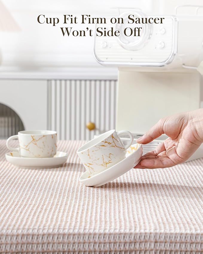 MALACASA 4 OZ Porcelain Espresso Cups with Saucers and Metal Stand Set of 4, Stackable Cappuccino Cups, Marble White Expresso Shots Cup Set for Coffee Drinks, Latte, Tea