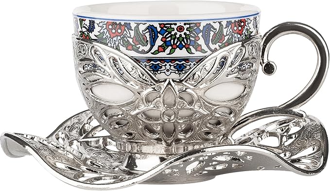 Alisveristime Turkish Coffee Set for Six, 6 Topkapi Design Porcelain Cups with Zamac Holders and Saucers, Two Color Variations: Gold and Silver (Topkapi-Design) (Silver)