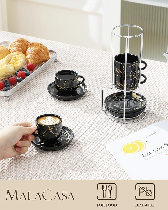 MALACASA 2.5 OZ Porcelain Espresso Cups with Saucers and Metal Stand Set of 4, Stackable Cappuccino Cups, Marble Black Expresso Shots Cup Set for Coffee Drinks, Latte, Tea