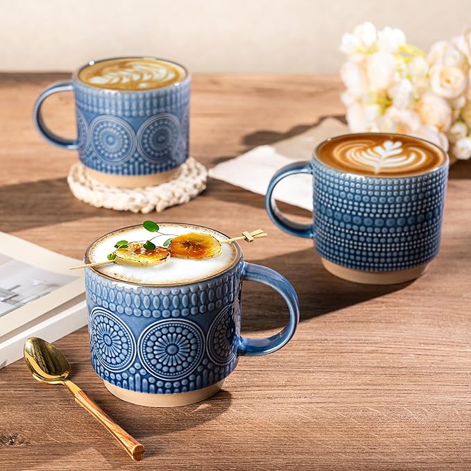 GBHOME 12OZ Stackable Coffee Mugs, Ceramic Coffee Mugs with Texture Patterns for Man,Woman,Dad,Mom, Modern Coffee Mugs Set of 4 for Latte/Cappuccino/Cocoa. Dishwasher&Microwave Safe