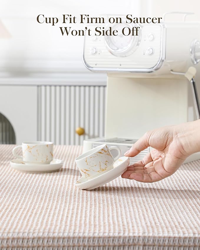 MALACASA 2.5 OZ Porcelain Espresso Cups with Saucers and Metal Stand Set of 4, Stackable Cappuccino Cups, Marble White Expresso Shots Cup Set for Coffee Drinks, Latte, Tea