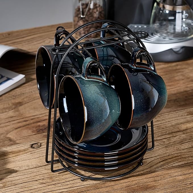 SIDUCAL Espresso Cups Set of 4 [8oz] Porcelain Coffee Cups with Saucers and Holder,Latte Cups- Latte Art Cup - Microwave/Dishwasher Safe,Espresso Demitasse Cups(Blue and Green)