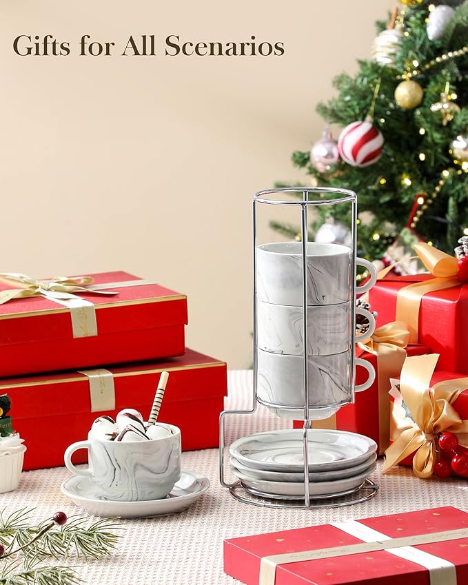 MALACASA 8 OZ Porcelain Espresso Cups with Saucers and Metal Stand Set of 4, Stackable Cappuccino Cups, Marble Gray Expresso Shots Cup Set for Coffee Drinks, Latte, Tea