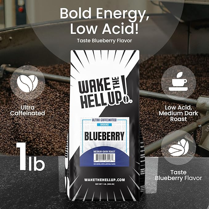 Wake The Hell Up! 1lb Ultra-Caffeinated Blueberry Whole Bean Coffee, Low Acid, Medium-Dark Roast