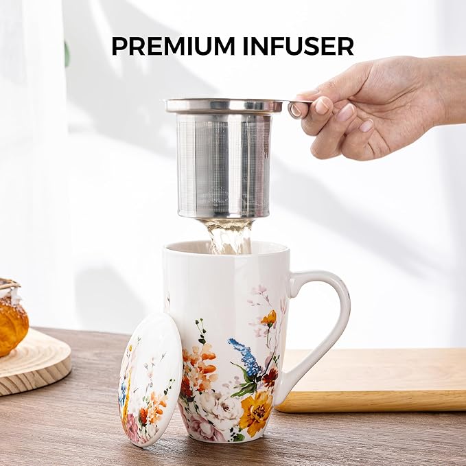 GBHOME Tea Mug with Infuser and Lid, 18 Ounce Large Ceramic Loose Leaf Tea Cup, Microwave, Dishwasher Safe Tea Steeping Mug, Pefect Gift For Tea Lover.