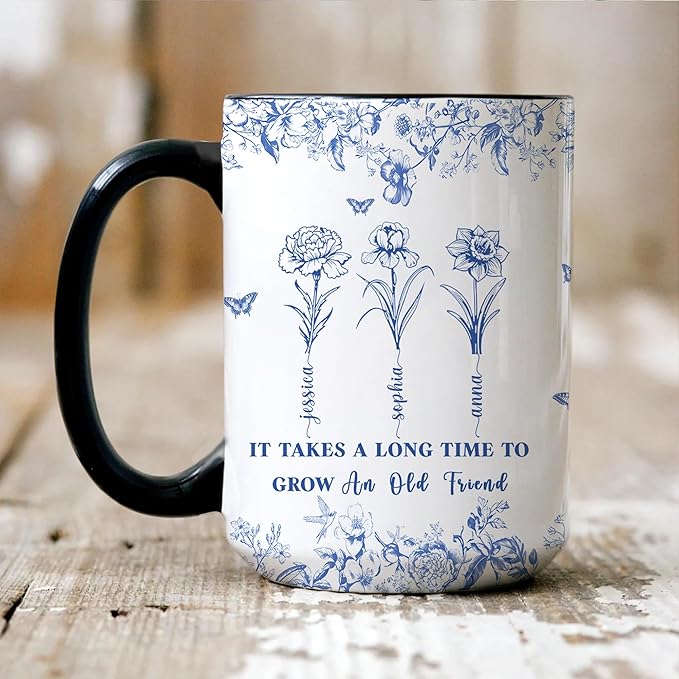 Personalized Best Friend Mug – Custom Name Floral Design, Birthday, Anniversary, Going Away Gifts for Best Friends, Chinoiserie Toile de Jouy Ceramic Mug
