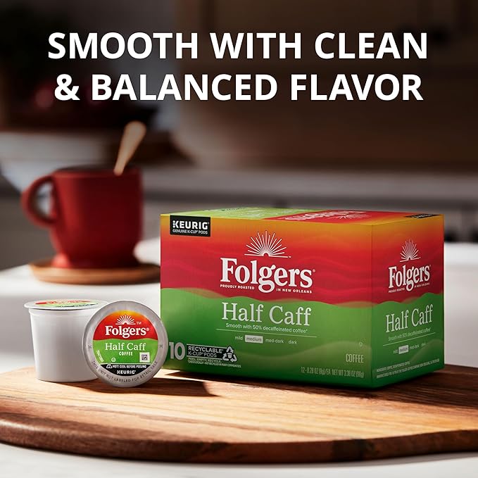 Folgers Half Caff Coffee, Medium Roast, Keurig K-Cup Pods, 10 Count