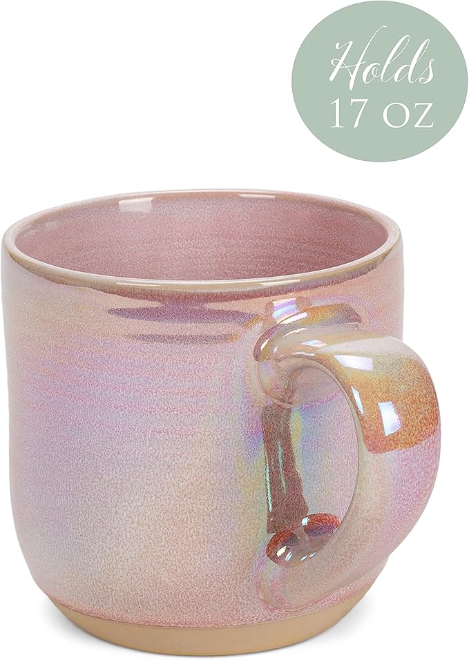 Elanze Designs Glossy Reactive Glaze Large 17 Fluid Ounce Everyday Kitchen Food Grade Ceramic Stoneware Coffee Mug Cup with Comfort Curved Handles, Set of 4, Rose Pink