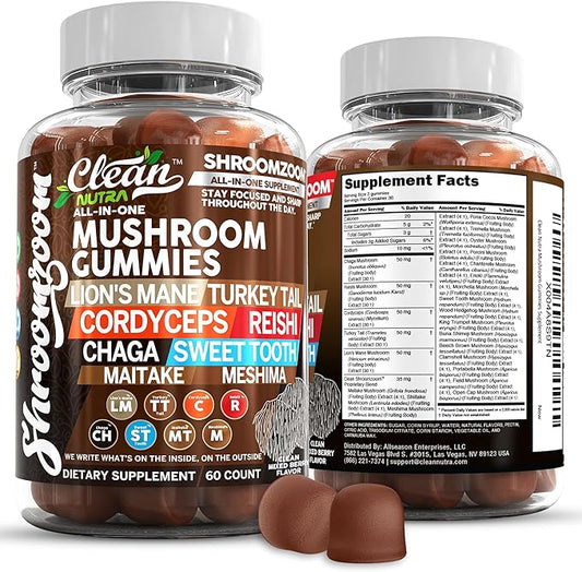 15in1 Mushroom Gummies with Lion's Mane Turkey Tail Cordyceps Reishi Chaga Sweet Toot Maitake Meshima Poria Cocos Shiitake Tremella, Oyster Agaricus Mushrooms for Men and Women Supplement Clean Nutra