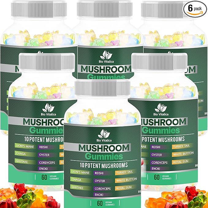 BIO VITALICA Mushroom Gummies – 10 Mushroom Complex with Lion’s Mane, Reishi, Chaga, Cordyceps & More – Fruity Vegan Gummies – Non-GMO, Gluten-Free, Plant-Based – 6 Packs