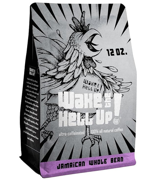 Wake The Hell Up! 12oz Ultra-Caffeinated Jamaican Me Crazy Whole Bean Coffee, Low Acid, Medium-Dark Roast