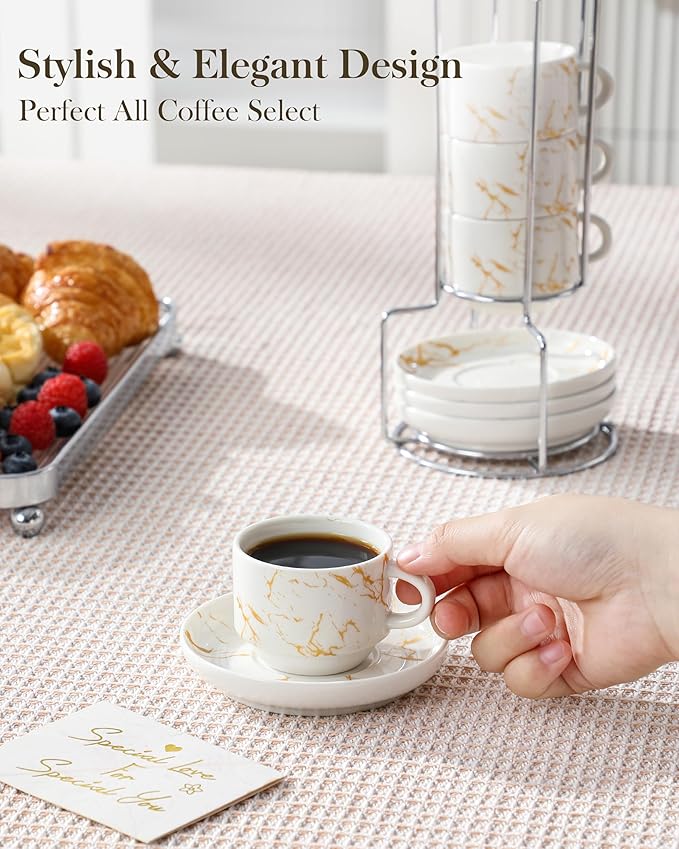 MALACASA 2.5 OZ Porcelain Espresso Cups with Saucers and Metal Stand Set of 4, Stackable Cappuccino Cups, Marble White Expresso Shots Cup Set for Coffee Drinks, Latte, Tea