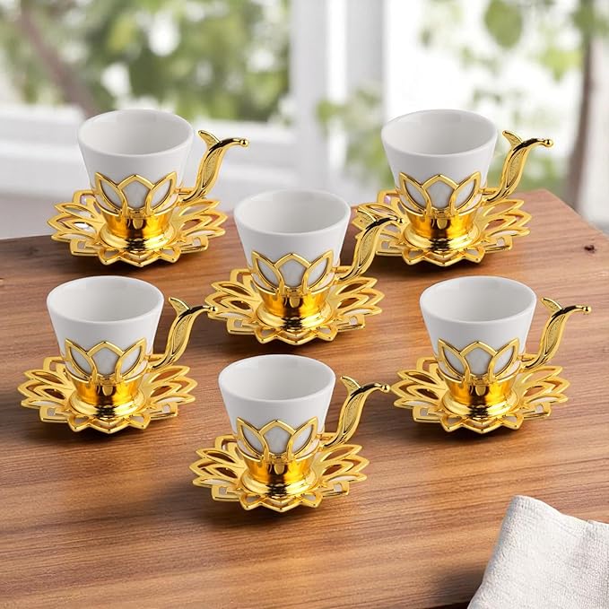 Alisveristime (Set of 6 Turkish Coffee Set with Porcelain Cups, Zamac Holders & Saucers – 80ml Capacity, Ottoman Motif, 4 Color Options (Gold)