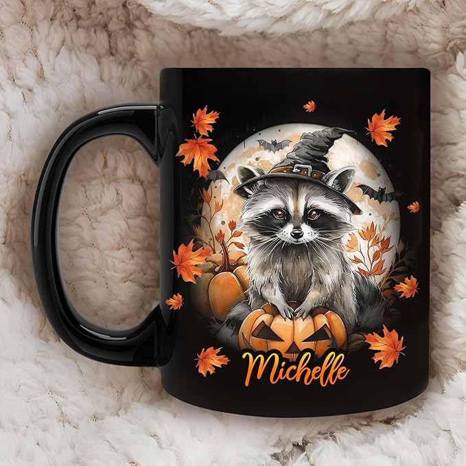 Hyturtle Personalized Halloween Raccoon Mug - Raccoon Gift For Women Lover - Wild Animal Lover Gift For Her - Spooky Season Decor For Fall Season Halloween - Coffee Name Cup Ceramic Mug 11 oz 15 oz