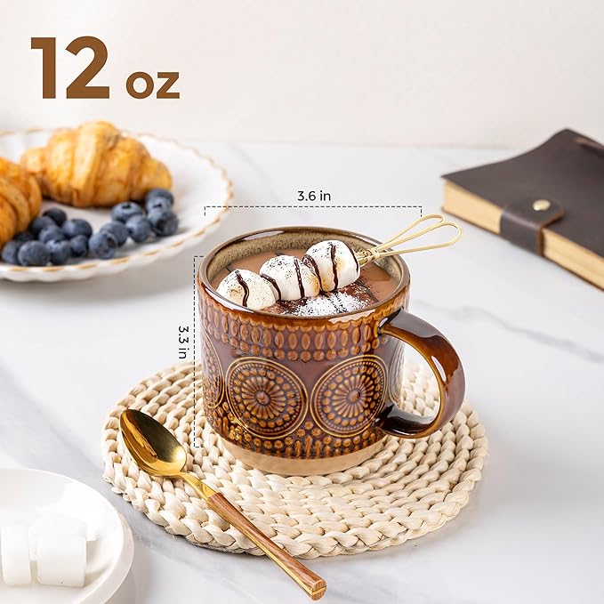 GBHOME 12OZ Stackable Coffee Mugs, Ceramic Coffee Mugs with Texture Patterns for Man,Woman,Dad,Mom, Modern Coffee Mugs Set of 4 for Latte/Cappuccino/Cocoa. Dishwasher&Microwave Safe